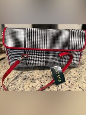 LAUREN Ralph Lauren Black & White Houndstooth Shoulder Bag with Red Trim